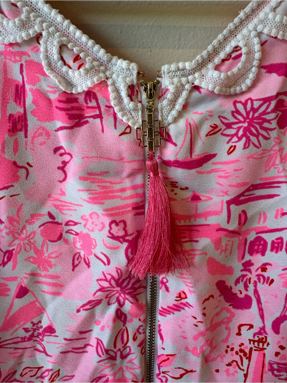 Lilly Pulitzer Pink Floral Shift Dress with White Lace Trim - Picture 3 of 4